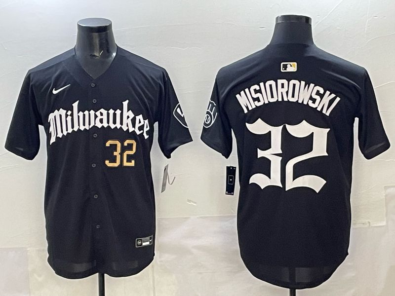 Men 2025 Milwaukee Brewers #32 Misiorowski Black Five generations Joint Name Nike MLB Jersey style 5
